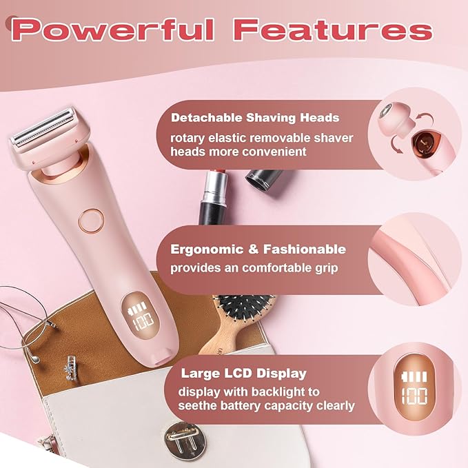 Livora Electric Shaver for Women,2 in 1 Wet & Dry Painless Hair Removal with 2 Removable Heads,Rechargeable Cordless Womens Razor for Bikini,Legs,Arms,Underarm Area,IPX7 Waterproof(Pink)-Velvo Beauty