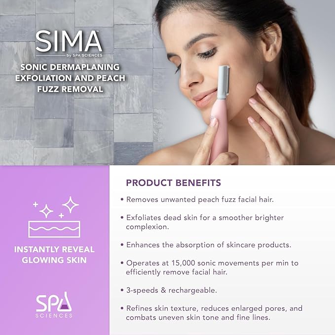 SPA SCIENCES - SIMA Patented Dermaplane Razor for Women Face – Painless 2-in-1 Facial Exfoliation & Peach Fuzz Hair Removal – Anti-Aging – 3 Speeds – Rechargeable – 7 Weeks Treatment-Velvo Beauty