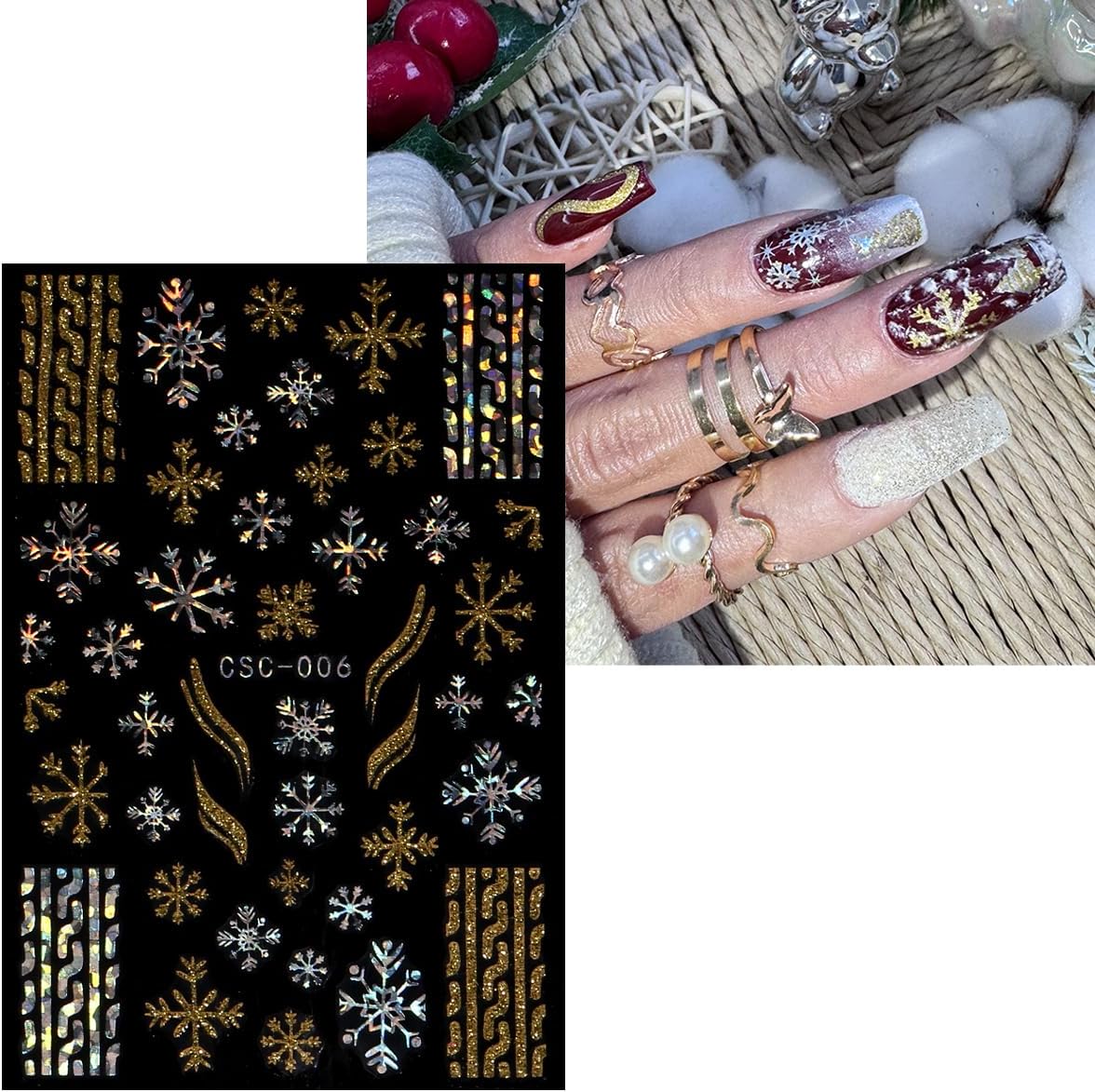 JMEOWIO 8 Sheets Christmas Gold Glitter Silver Nail Art Stickers Decals Self-Adhesive Snowflake Winter Holiday Nail Supplies Nail Art Design Decoration Accessories-Velvo Beauty