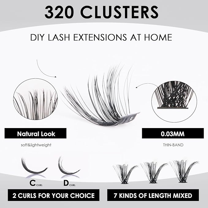 DIY Lash Extensions Kit 320pcs Individual Lashes Clusters 60D 80D D Curl Eyelash Extension Kit with Applicator and Lash Bond&Seal,Clusters Lash Glue Remover For False Eyelash Mix 10-16mm (60D+80D KIT)-Velvo Beauty