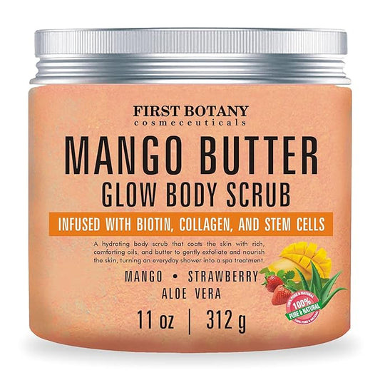 Mango Butter Body Scrub Exfoliator Biotin, Collagen, Stem Cells - Natural Exfoliating Salt Scrub & Body and Face Souffle helps with Moisturizing Skin, Acne, Cellulite, Dead Skin Scars, Wrinkles- 11 oz-Velvo Beauty