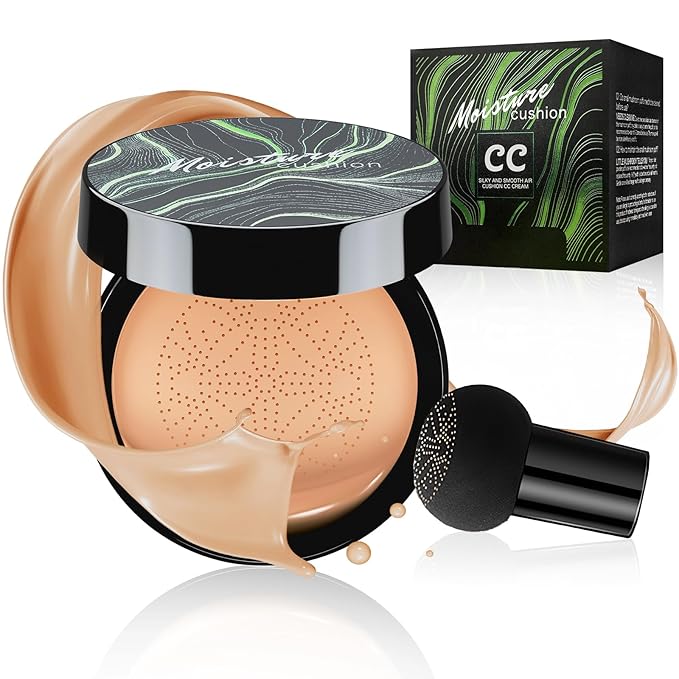 Mushroom Head Air Cushion CC Cream Foundation - Moisturizing & Long-Lasting BB Cream Concealer Makeup Base for All Skin Types, Brighten Long - Lasting Even Color Correcting Concealer (Medium Deep)-Velvo Beauty