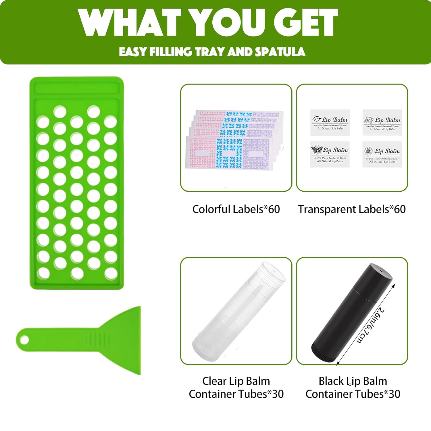 Lip Balm Tubes with Filling Tray and Spatula, 60 Empty Lip Balms Containers with Caps (Clear+Black), 60 Writeable and 60 Printed Stickers, BPA Free, Make Natural Lip Balm Kit for DIY-Velvo Beauty