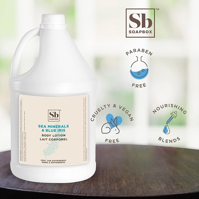 Soapbox Body Lotion, Sea Minerals & Blue Iris Moisturizing Body Cream, Vegan, Natural & Cruelty Free Hydrating Hand Lotion Refill for Dry Skin - Gallon Size for Home & Professional-Velvo Beauty