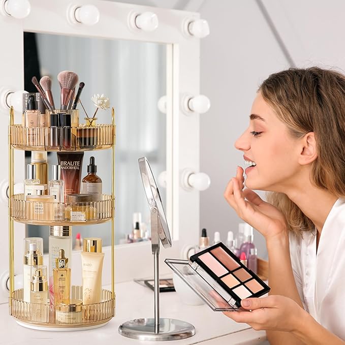 Rotating Makeup Organizer for Vanity, High-Capacity Skincare Clear Make Up Storage Perfume Organizers Cosmetic Dresser Organizer Countertop 360 Spinning (Gold, New-3 Tier)-Velvo Beauty