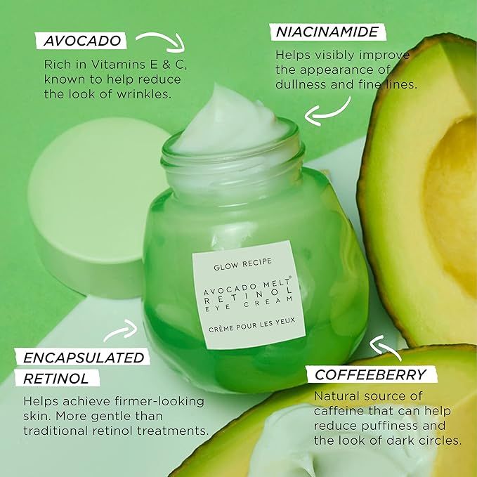 Glow Recipe Avocado Retinol Eye Cream for Wrinkles - Overnight Under Eye Cream for Dark Circles, Firming & Brightening Dull, Puffy Eyes - Time Release Niacinamide & Caffeine Eye Cream (15ml)-Velvo Beauty