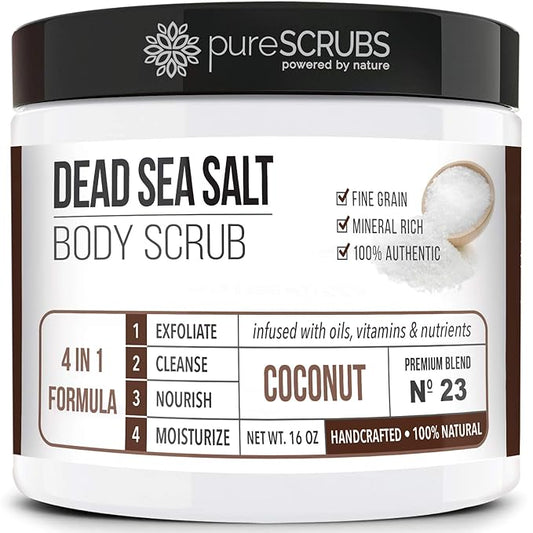 pureSCRUBS Premium Coconut Body Scrub Set - Large 16oz Dead Sea Salt Body Scrub With Infused Essential Oils & Nutrients, Includes Wooden Spoon, Loofah & Oatmeal Exfoliating Bar Soap-Velvo Beauty