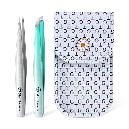 Expert Slant and Point Tip Tweezer Set with Exclusive Storage & Carrying Case, GlamTweeler Sharp & Precision Tweezer Set for Eyebrows, Facial Hairs & Fine Hairs Removal (Sparkle Mint Green + Silver)-Velvo Beauty
