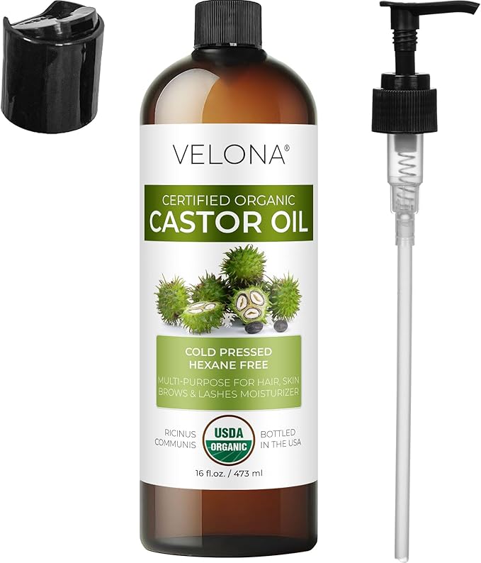 velona USDA Certified Organic Castor Oil - 16 fl oz (With Pump) | For Hair Growth, Boost Eyelashes, Eyebrows | Cold pressed, Natural Oil, USP Grade | Hexane Free, Lash Serum, Caster-Velvo Beauty