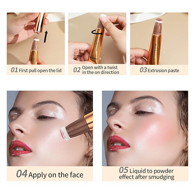 3pcs Contour Beauty Wand, Blush Wand and Liquid Highlighter Wand with Cushion Applicator, Long Lasting Silky Smooth Blendable Contour Highlighter Blush Stick,Cruelty Free,Contour +Blush +Highlighter Set(#01+#03+#05)-Velvo Beauty