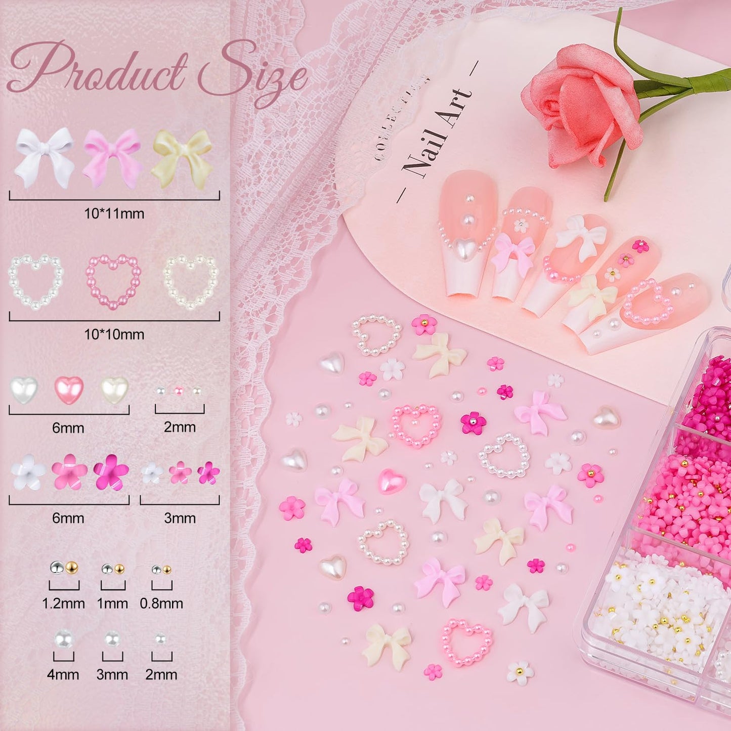 3D Nail Charms and Gems Set 7, 20PCS Chunky Butterfly Charms + 75PCS Coquette Nail Bows and Hearts + 3D Flowers for Nails with Rhinestones, Pearls, Diamonds and Picker Tools for Y2K Nail Decor-Velvo Beauty