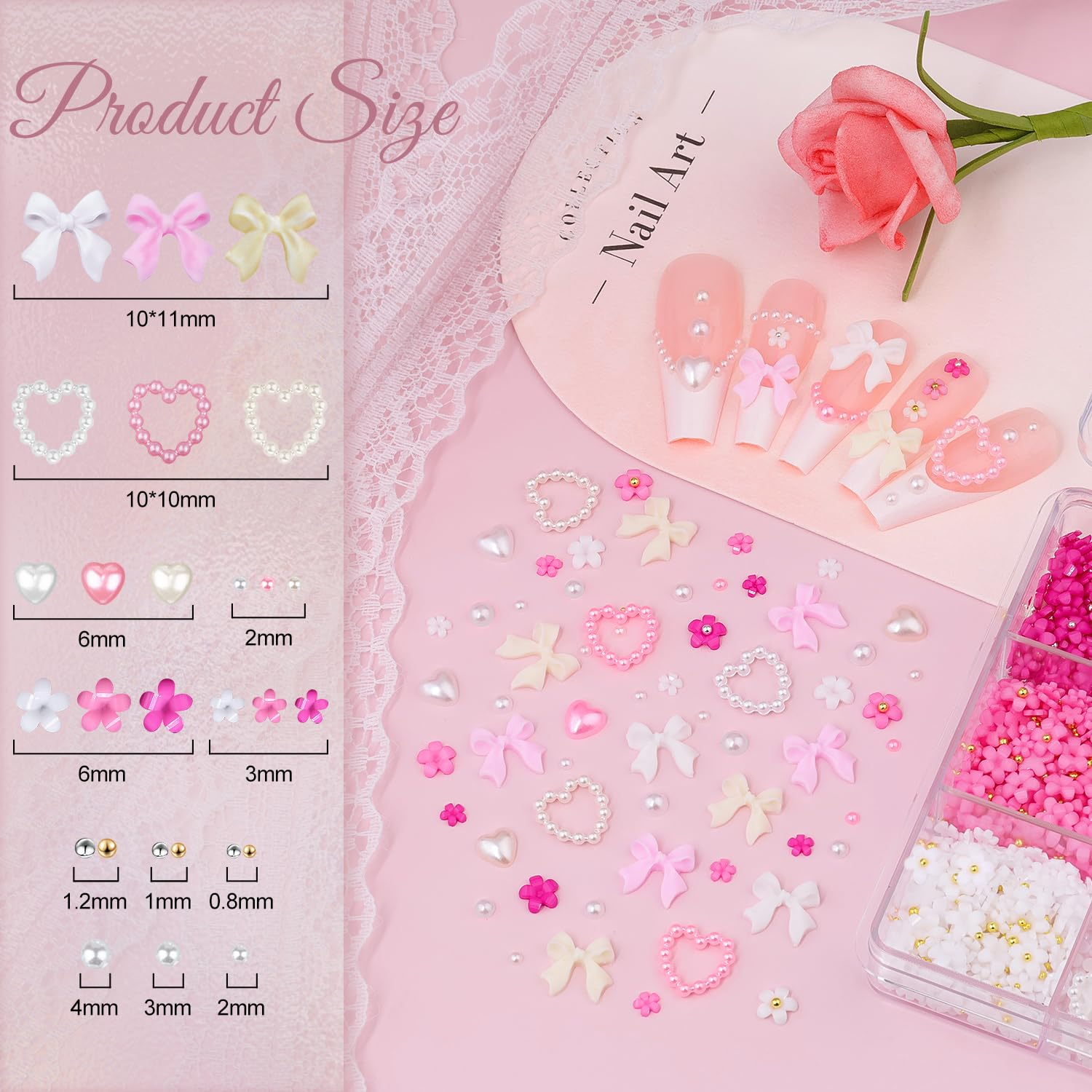 3D Nail Charms and Gems Set 7, 20PCS Chunky Butterfly Charms + 75PCS Coquette Nail Bows and Hearts + 3D Flowers for Nails with Rhinestones, Pearls, Diamonds and Picker Tools for Y2K Nail Decor-Velvo Beauty
