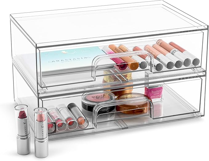 Sorbus Acrylic Storage Containers - 2 Pack, Stackable Storage Bins Set for Bathroom Organization - Clear Acrylic Drawer Organizers - Makeup Case Pull-Out Drawers (12.1’’ Wide)-Velvo Beauty