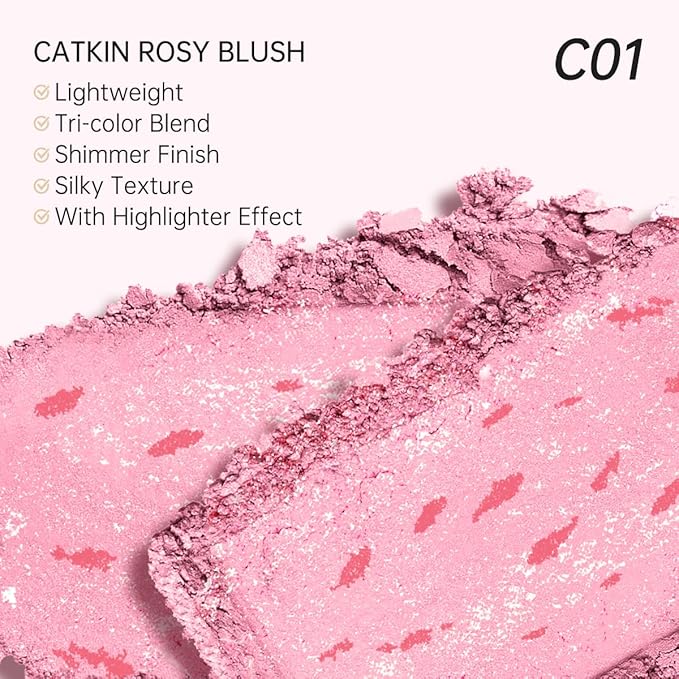 CATKIN Powder Blush for Cheek Blusher Natural Shimmering Blush & Highlight 2 in 1 Creamy Blendable Baked Blush Palette 10g C01 Drunk in Blossom-Velvo Beauty