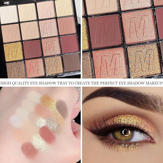16 Colors Nude Champagne Gold Glitter Matte Shimmer Eyeshadow Palette for Eye Makeup,High Pigmented Brown Eye Shadow Primers Powder Palet de sombras de ojos-Velvo Beauty