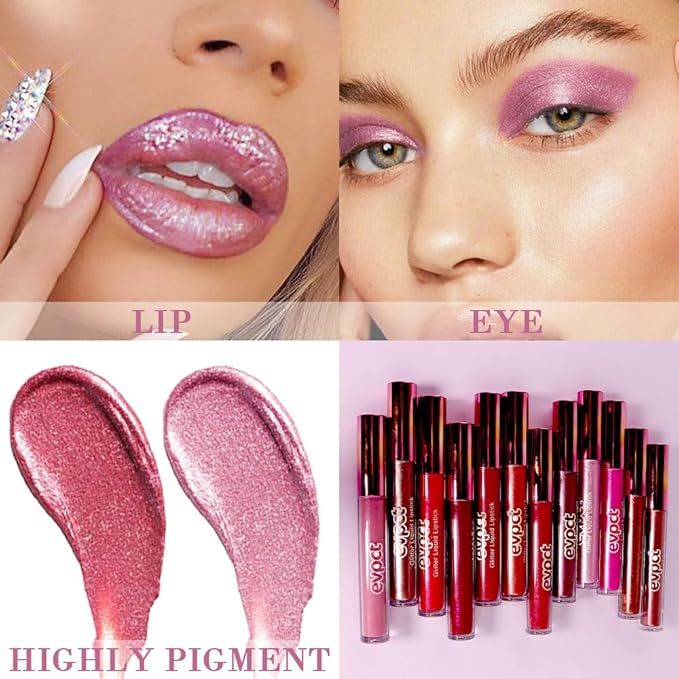 evpct 2Pcs Wine Red Plum Red Matte to Glitter Liquid Lipstick Set Kit for Women Long Lasting Glossy Metallic Shimmer Sparkle Lipstick Lip Gloss 6+15-Velvo Beauty