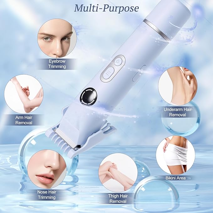 Bikini Trimmer for Women, 4 in 1 Wet/Dry Electric Razors for Women - Dual Head, Painless Rechargeable Portable Womens Razors for Shaving Set for Face, Nose, Eyebrows, Armpits, Bikini Area (Blue)-Velvo Beauty
