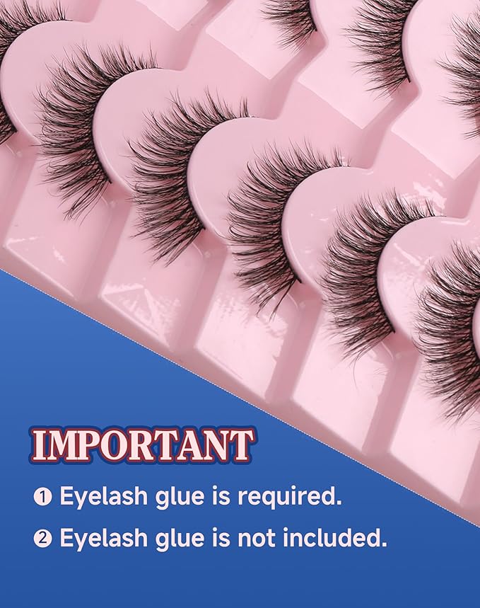 Natural Lashes Wispy False Eyelashes Strip Flared Natural Look Eyelash CatEye Lash Soft Lashes Fluffy Mink Eyelash Pack 7 Pairs 16MM D76-Velvo Beauty