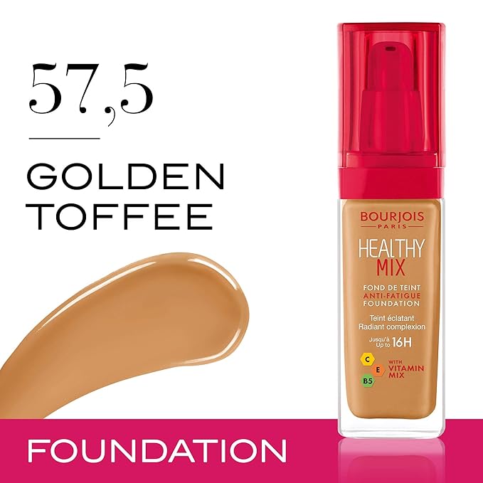 Bourjois Healthy Mix Anti-Fatigue Medium Coverage Liquid Foundation 57.5 Golden Toffee, 30ml-Velvo Beauty