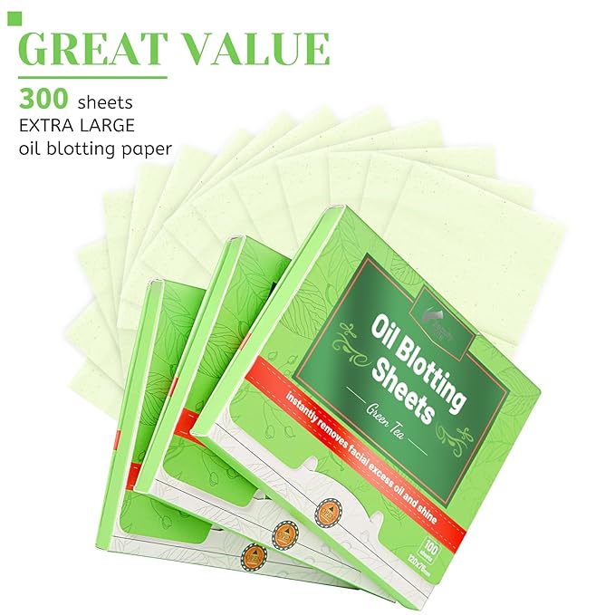 Oil Blotting Sheets for Face - Green Tea,26% Larger,3pk/300 Natural Blotting Paper for Oily Skin,Makeup Friendly Oil Absorbing Sheets,Easy To Grab One-Velvo Beauty