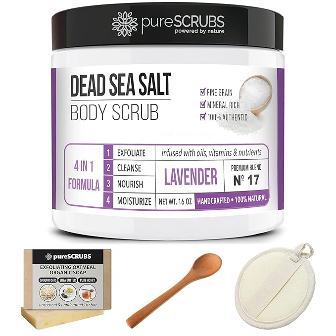 pureSCRUBS Premium Lavender Body Scrub Set - Large 16oz Dead Sea Salt Body Scrub With Infused Essential Oils & Nutrients, Includes Wooden Spoon, Loofah & Oatmeal Exfoliating Bar Soap-Velvo Beauty