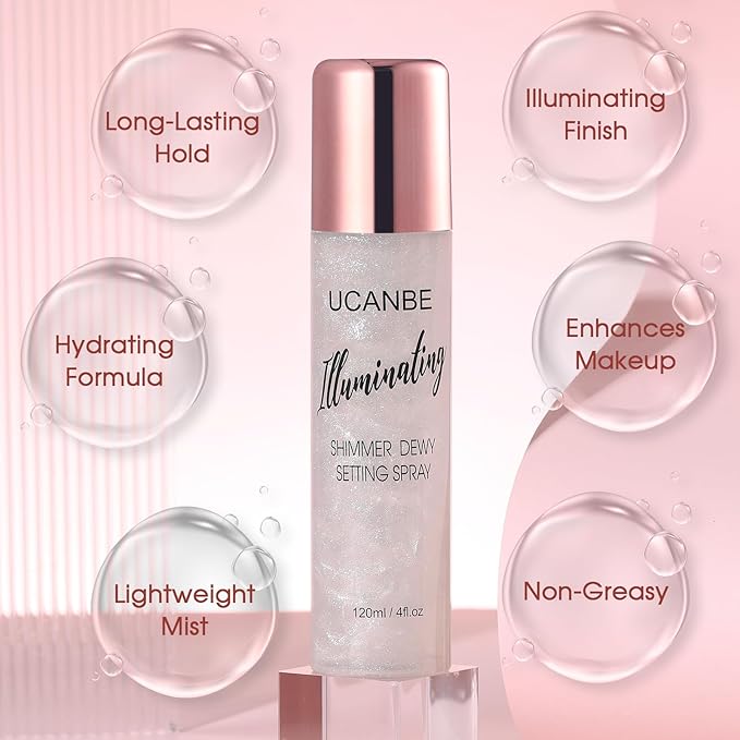 UCANBE Shimmer Dewy Setting Spray – Glowing + Makeup Setting Spray 2 in 1 Lightweight Formula for a Radiant Glow,Long-Lasting Face Mist for Face Body, 4 Fl Oz #Silver-Velvo Beauty