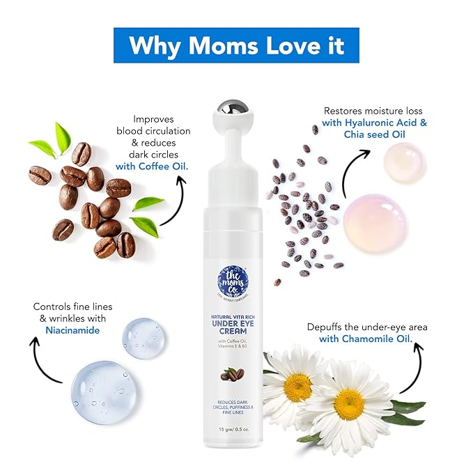 The Moms Co. Natural Vita Rich Under Eye Cream for Dark Circles and Puffiness for Women, Suitable for Delicate Skin Under Eye Area, Soothing Massage Roller with Coffee Oil, Vitamins E & B3, 15 gm-Velvo Beauty