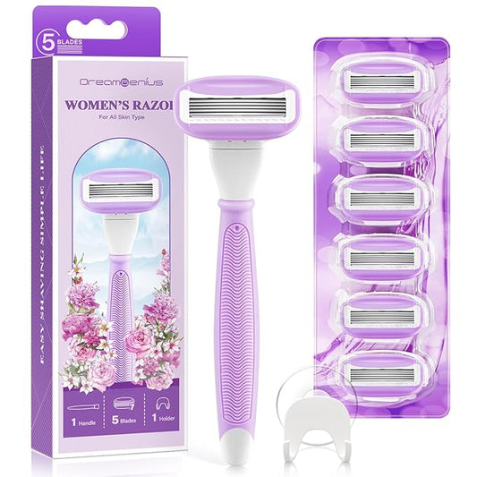 DreamGenius Razors for Women Include 1 Non-Slip Handles and 7 Blade Refills with a Shower Holder, 5 Premium Blades Women's Razors for Shaving with 360° Lubrication Reduces Irritation, Purple-Velvo Beauty