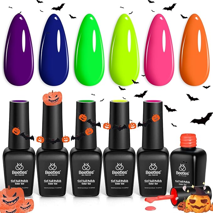 Beetles Halloween Gel Nail Polish Set - Dopamine Pleasure 6 Colors Gel Polish, Neon Orange Hot Pink Blue Yellow Green Purple Soak Off Uv Led Nail Art Manicure Gift for Women-Velvo Beauty