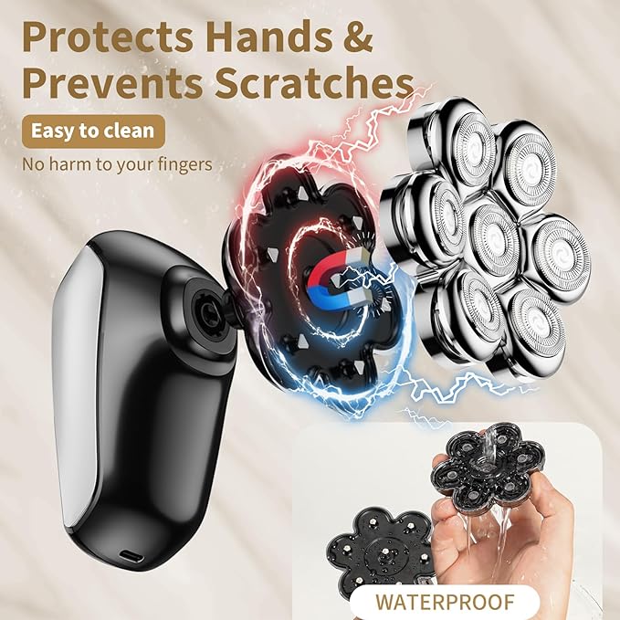 Detachable Head Shavers, SHPAVVER 5 in 1 Electric Razor IPX7 Waterproof for Bald Men, Wet Dry LED Display Rechargeable 7D Rotary Shaver Grooming Kit with Type C Charge A,Bright Silver-Velvo Beauty