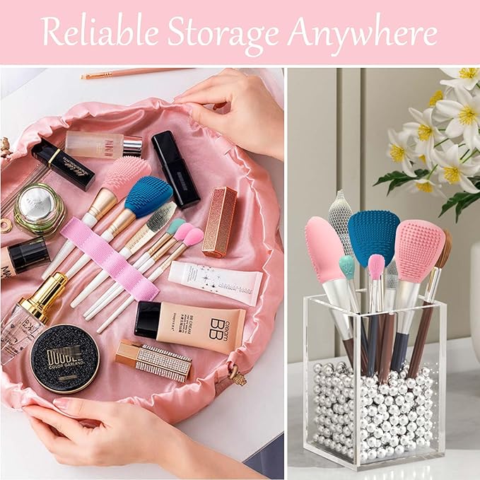 Silicone Travel Make-up Brush Holder with Cleaner Mat Pad, Organizer Case Covers for Foundation Eye Lip Brushes Storage Cleaning, Gift for Women Girl-Friend Mother Wife, 3-Pcs Large + 5 Small, Blue-Velvo Beauty