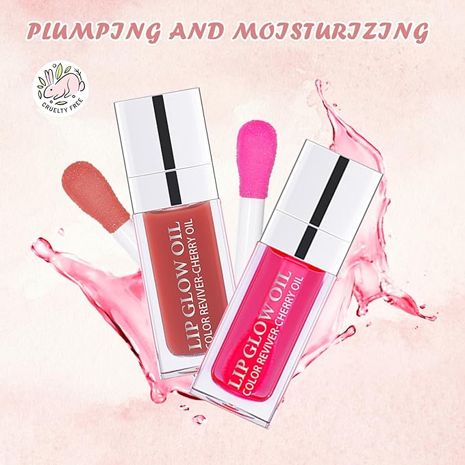 2PCS Lip Oil Set, Hydrating Lip Glow Oil Lip Plumper Gloss, Tinted Lip Oils Transparent Long Lasting Non-sticky Lip Gloss, Plumping Lip Gloss Lip Care Kit (Rosewood & Cherry)-Velvo Beauty