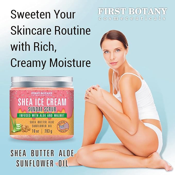 First Botany Body Scrub - Natural Exfoliating Salt Scrub & Body and Face Souffle helps with Moisturizing Skin, Acne, Cellulite, Dead Skin Scars, Wrinkles (10 fl oz, Shea Icecream)-Velvo Beauty