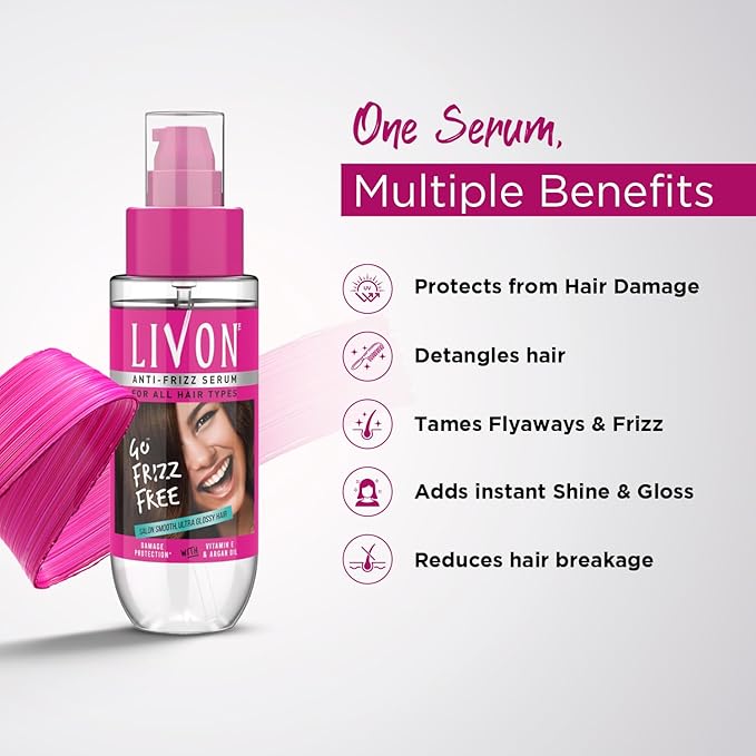 Livon Hair Serum for Men & Women | Frizz-free, stronger and shinier hair | Sulphate & Paraben free| For All Hair Types | Lightweight & Non Greasy | Enriched with Argan Oil & Vitamin E | 3.3 Fl.Oz-Velvo Beauty