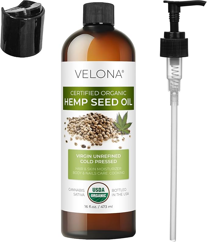 velona Hemp Seed Oil USDA Certified Organic - 16 Fl Oz | 100% Pure and Natural Carrier Oil | Unrefined, Cold Pressed | Hair, Body, Face & Skin Care-Velvo Beauty