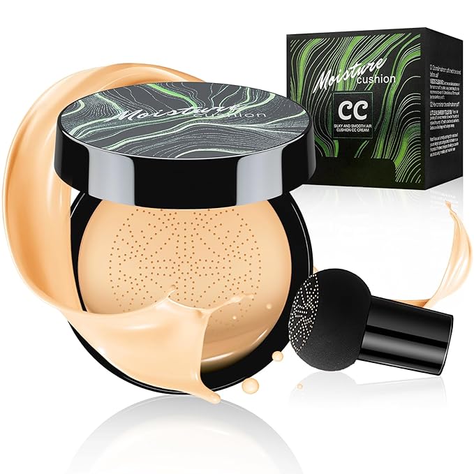 Mushroom Head Air Cushion CC Cream Foundation - Moisturizing & Long-Lasting BB Cream Concealer Makeup Base for All Skin Types, Brighten Long - Lasting Even Color Correcting Concealer (Buff Beige)-Velvo Beauty