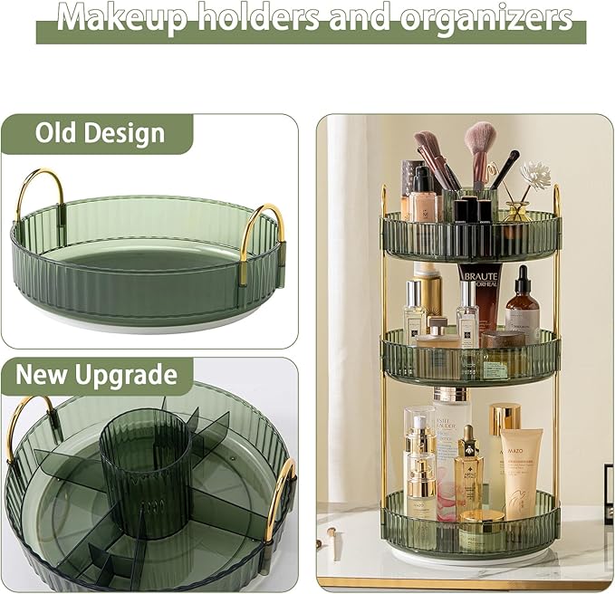 Rotating Makeup Organizer for Vanity, High-Capacity Skincare Clear Make Up Storage Perfume Organizers Cosmetic Dresser Organizer Countertop 360 Spinning (Green, New-3 Tier)-Velvo Beauty