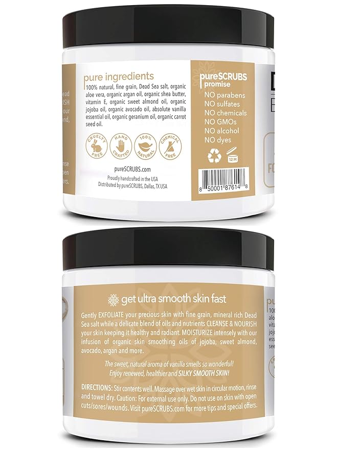 pureSCRUBS Premium Vanilla Body Scrub Set - Large 16oz Dead Sea Salt Body Scrub With Infused Essential Oils & Nutrients, Includes Wooden Spoon, Loofah & Oatmeal Exfoliating Bar Soap-Velvo Beauty