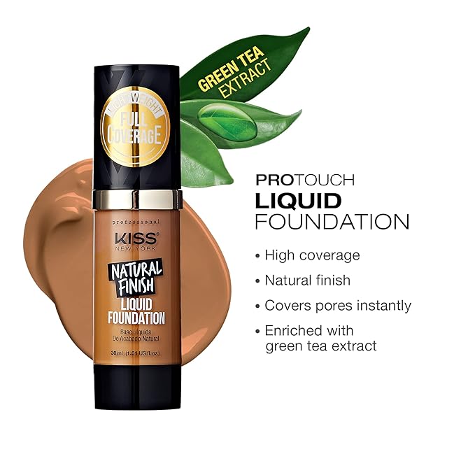 Kiss New York Professional Liquid Foundation - Lightweight and Hydrating Formula, Natural Finish, Control Shine, Cover Pores, Medium to Full Coverage, Green Tea Extract (Classic Tan)-Velvo Beauty