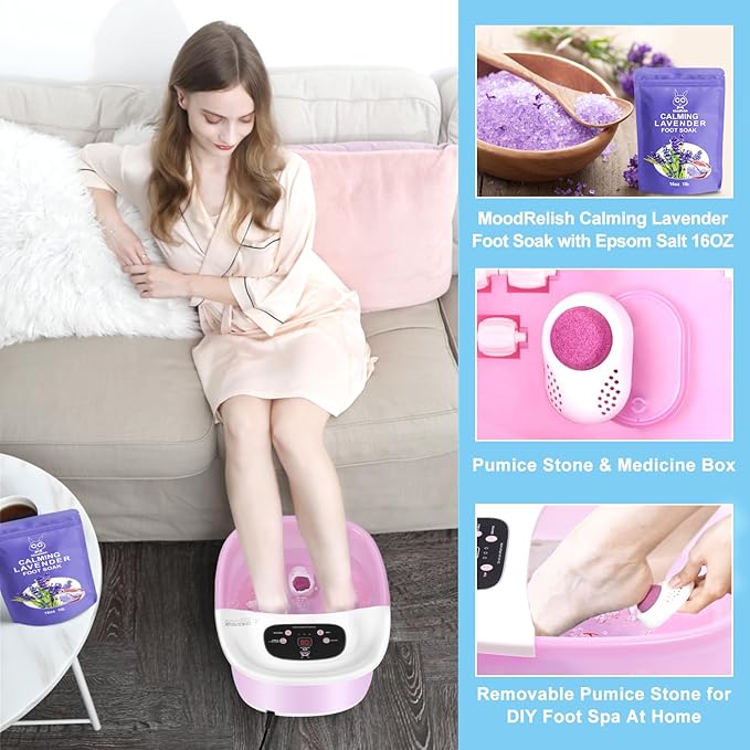 Foot Spa Bath Massager with Heat Bubbles and Vibration Massage and Jets, 16 OZ Calming Lavender Foot Soak Epsom Salt, Foot Soaker with Red Light, 22 Massage Rollers, Adjustable Temp - Pink-Velvo Beauty