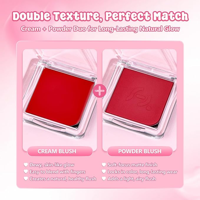 Blush Palette Duo – Cream & Powder Blush Set in Classic Red, Long-Wearing & Moisturizing, Easy to Blend, Radiant Coverage for Cheeks, Eyes & Lips, Magnetic Palette Compatible (2Pack,Merlot Mood)-Velvo Beauty