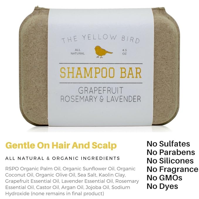 The Yellow Bird Solid Bar Shampoo Soap. Grapefruit, Rosemary, and Lavender. Mild Natural and Organic Ingredients. Sulfate Free. Gentle Scalp + Hair Care-Velvo Beauty
