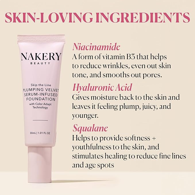 Nakery Skip the Line Full Coverage Foundation for Women - Plumping Velvet Womens Foundation Makeup Matte Finish - Age Defying Foundation - Moisturizing Foundation with Smart Color Adapt - Medium Deep-Velvo Beauty