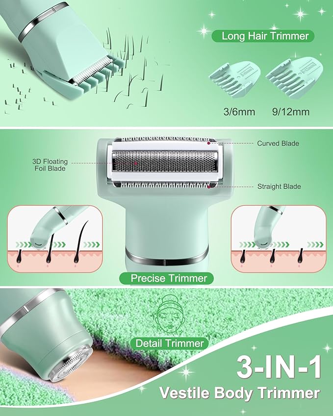 Bikini Trimmer for Women - 3 in 1 IPX7 Waterproof Electric Razors for Women,Body Pubic Hair Electric Shaver for Womens & Facial Hair Remover,Rechargeable Wet/Dry for Body,Underarm,Leg(Mint Green)-Velvo Beauty