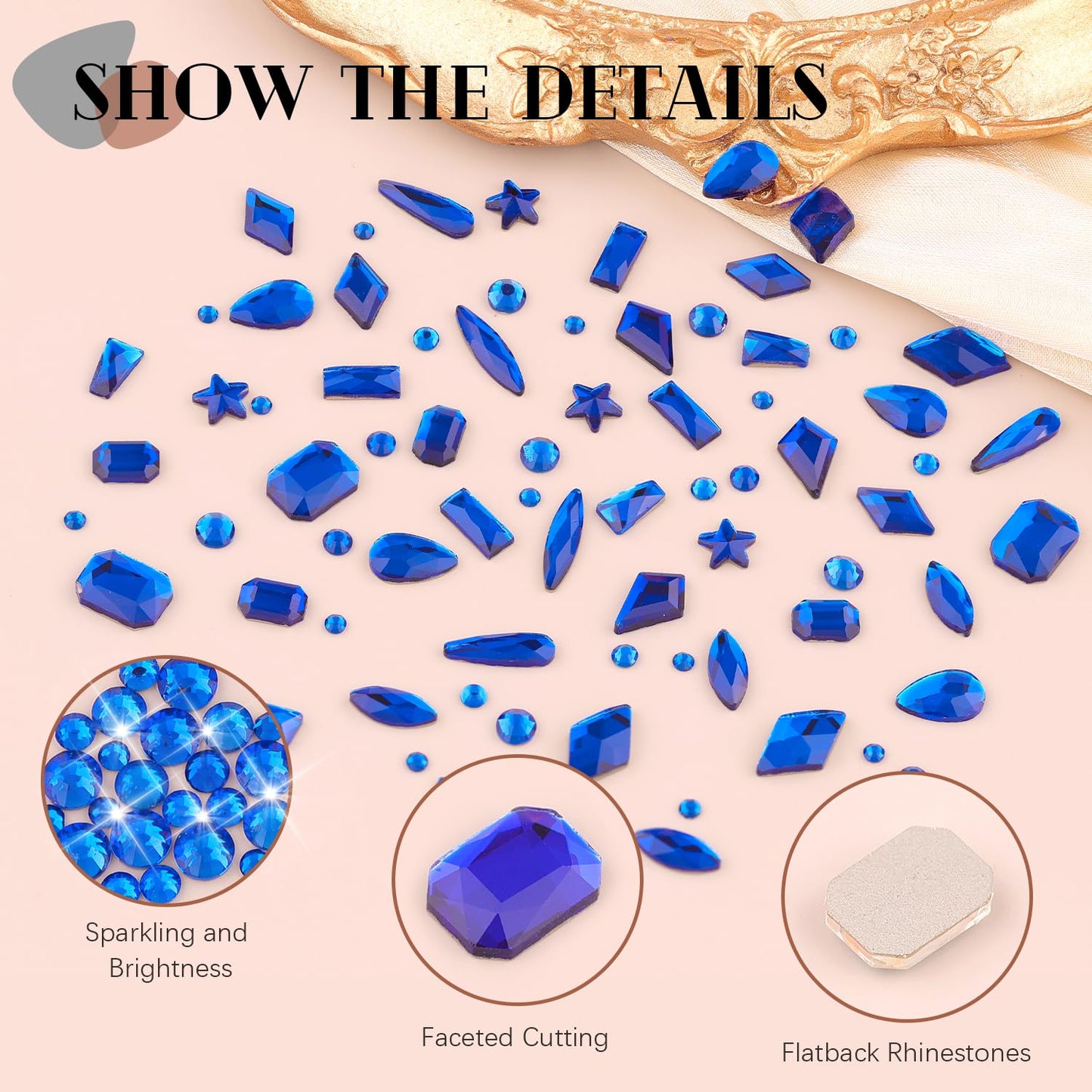 3220Pcs Royal Blue Glass Rhinestones 120Pcs Multi Shapes Flatback Gems + 3100Pcs 1.5-4mm Round Crystal With Glue Gel, Manicure Charms Diamond Gemstones for Nail Art-Velvo Beauty