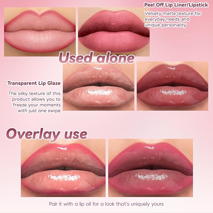 Dual-Ended Peel Off Lip Stain Liner, Long Lasting Waterproof Peel Off Lip Liner Tattoo with Nourishing Clear Gloss Combo Set, Transfer-Proof Non-Stick Cup Shiny Lips Tint Lipstick Makeup07-Velvo Beauty