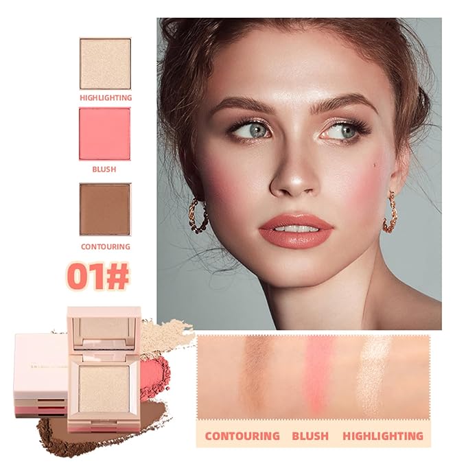 3 in 1 Contour Highlighter Blush Makeup Palette, Shimmer Matte 3 Colors Pigmented Brighten Highlighting Bronzer Blusher Eyeshadow Pallet, Long Lasting Shaping Full Face Eyes Makeup kit with Mirror-Velvo Beauty