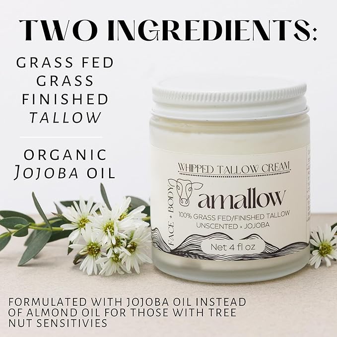 Amallow 100% Grass Fed Beef Tallow for Skin Care - Face + Body - Whipped Moisturizer for Sensitive Skin - Natural Lotion, 4 FL. oz. (Unscented + Jojoba Oil)-Velvo Beauty