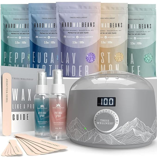 Tress Wellness Waxing Kit for Sensitive Skin – Safe for Face & Skin, Prep & Aftercare Spray, Easy to Use – At-Home Kit for Face, Bikini, Brazilian & Full Body - Digital Display, Grey Mountain-Velvo Beauty