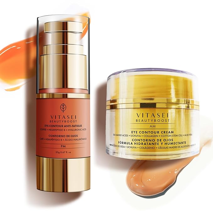 AM/PM Anti-Aging Kit Eye Contour Duo, Deep Hydration Eye Contour Cream with Cotton Stem Cells & Hyaluronic Acid (AM), Eye Contour Anti-Fatigue with Arabic Coffee for Under Eye Lines Protection(PM)-Velvo Beauty